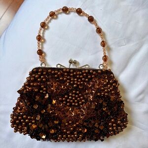 Beaded evening bag with sequins beads and pearls.Brown , copper Handbag